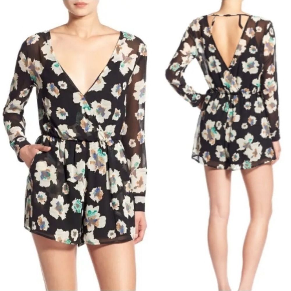 ASTR | Floral Long Sleeve Black Surplice Back Romper Women’s Size Large
